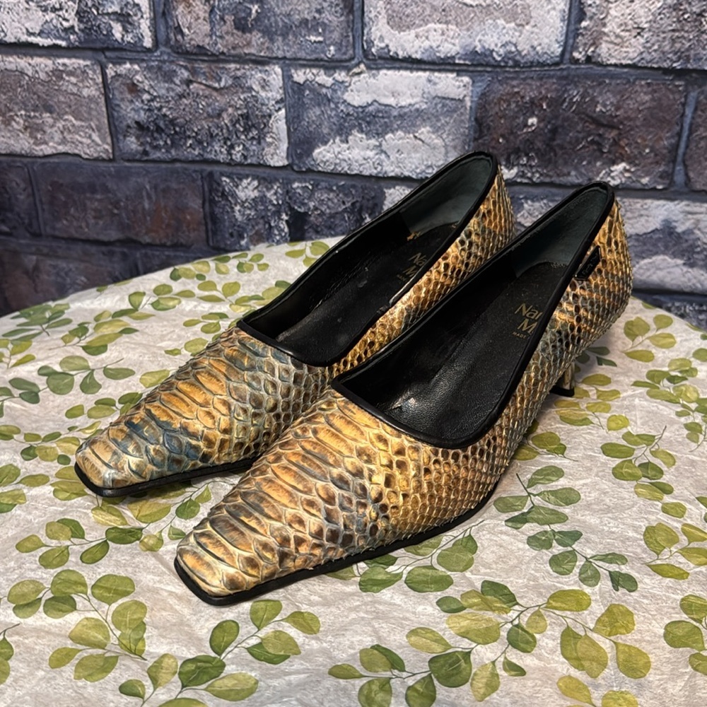Nando Muzi Snake Leather Tan Black Pump 38 US 8